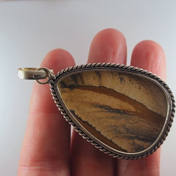 Sterling Silver Picture Jasper Pendant Teardrop Earth Tone 2.5" with Chain - Picture 9 of 9